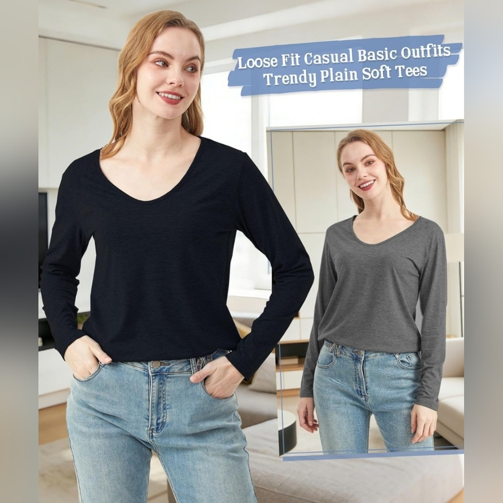 3-Pack V-Neck Long Sleeve Tops Size L NWT Soft Basic Casual Set Black Gray White - Picture 2 of 5